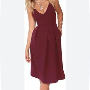 NWT EliaCher Burgundy Cross Back Pleated Zip Pockets A-Line Dress Size 12